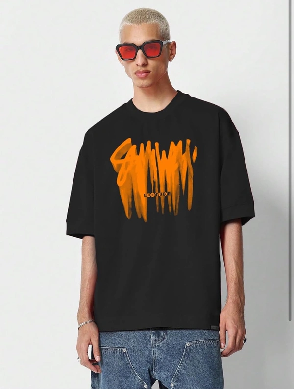 LEOTUDE Half Sleeve Oversized Cottonblend Round Neck Printed Men's T-Shirt (Color Black) - Black, M