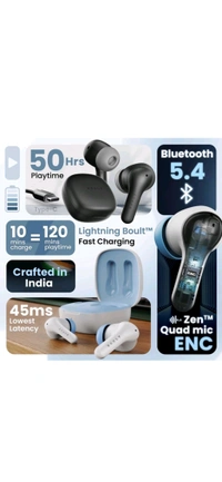 Boult K10 50H Battery, 4 Mic ENC, 45ms Low Latency, Dual Master, Touch Control, 5.4v Bluetooth Headset (Blue Ice, True Wireless) - Cornflower Blue