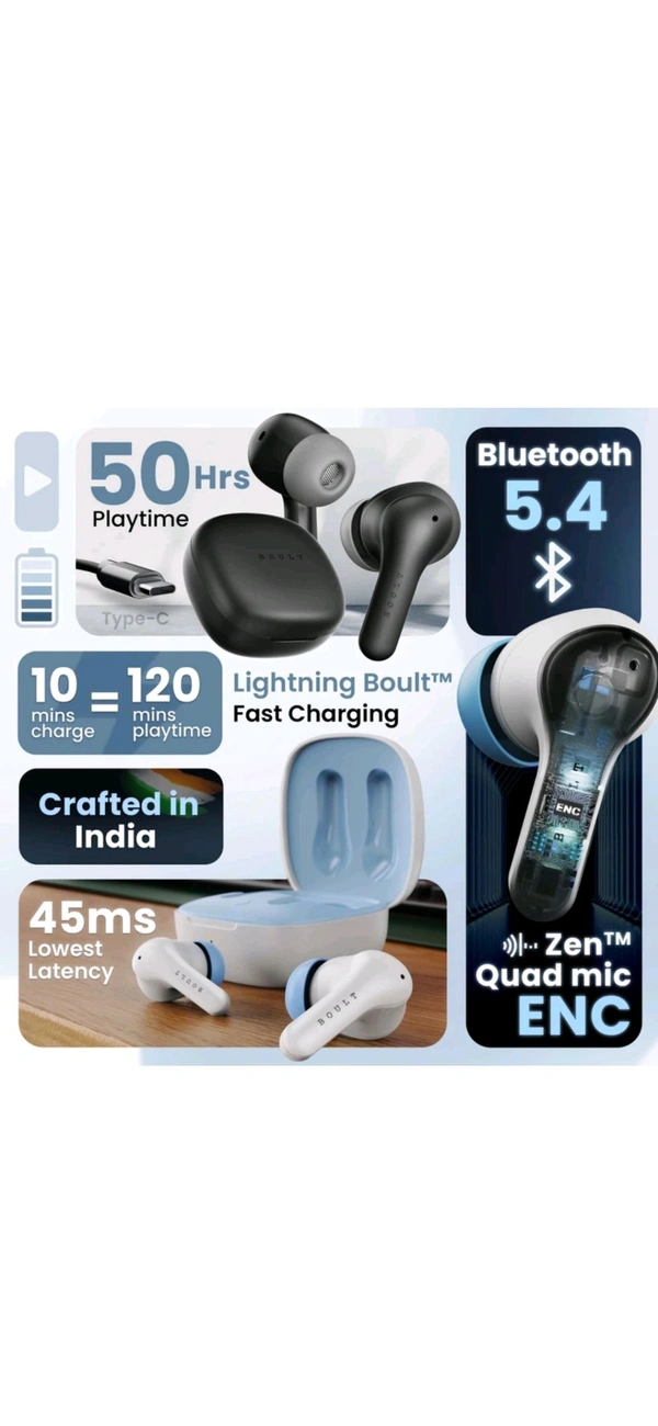 Boult K10 50H Battery, 4 Mic ENC, 45ms Low Latency, Dual Master, Touch Control, 5.4v Bluetooth Headset (Blue Ice, True Wireless) - Cornflower Blue
