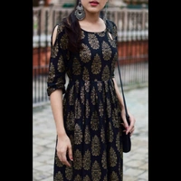 Women's Printed Rayon Anarkali Kurti - 🖤, XXL