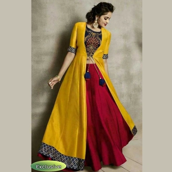 Women Rayon Embroidered Crop Top Kurti With Skirt - L