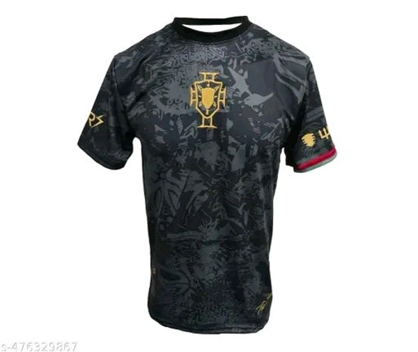 This premium black Portugal jersey with gold accents honors Cristiano Ronaldo. Featuring a GOAT emblem, number 7, and CR7 branding, it’s a sleek and powerful tribute to a football legend.