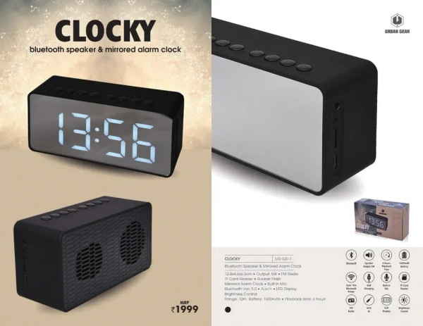 Urban Gear Bluetooth Speaker Cum Mirror Alarm Clock use for Personal, Office, Corporate Gifting - Black
