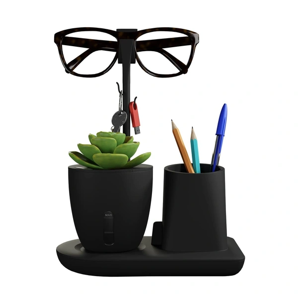 EO eo Pen Stand for Study Table with Self-Watering Plant Pot, Glasses & Smartphone Holder – Desk Organizer & Pencil Holder for Office, Home, Kids, Students, Study Room (Desk Station Black)