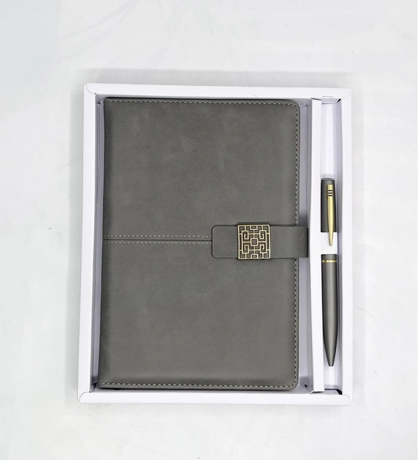 Caro 2 in 1 PU leather Notebook Diary with Metal Pen Giftset - A5, Gray