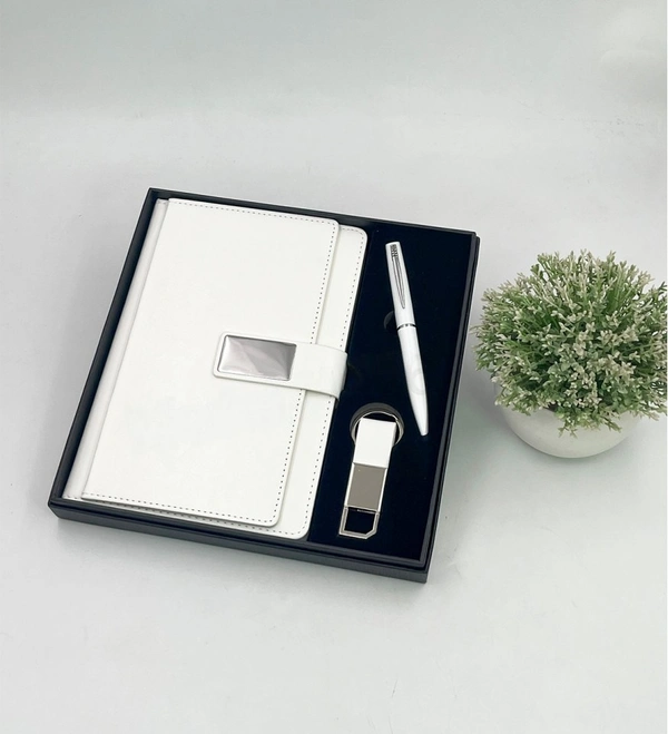 Caro Multiple Diary, Ball Pen & Keychain 3 in 1 Giftset for Corporate & Promotional Gift use - A5, White