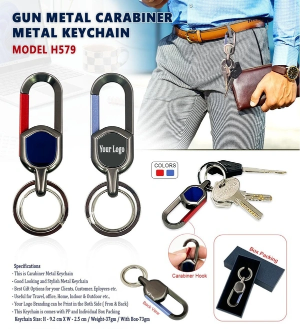 Caro Stylish & Durable Gun Metal Carabiner Metal Hook Keychain - Blue