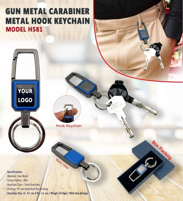 Caro Stylish Hook Locking Metal Carabiner Double Ring Hook Metal Key Chain for Men & Women - Blue