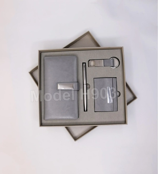 Caro 4 in 1 Giftset, PU Leather Diary, Metal Pen, Keychain, Card Holder - Gray
