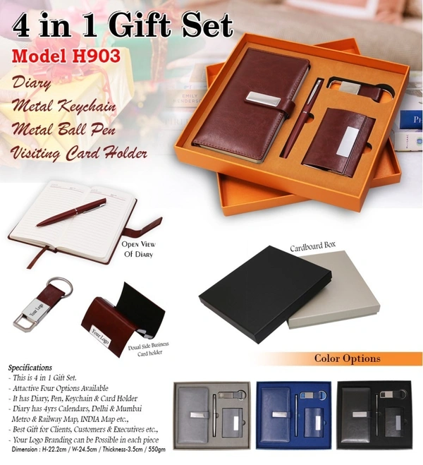Caro 4 in 1 Giftset, PU Leather Diary, Metal Pen, Keychain, Card Holder - Gray