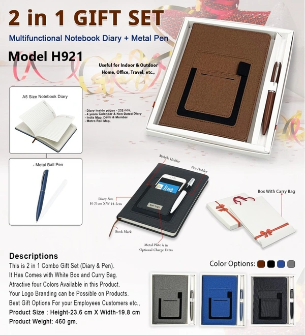 Caro 2 in 1 Multifunctional Notebook Diary and Metal Pen Giftset - A5, Brown