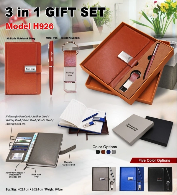 Caro 3 in 1 Gift Set - Multiple Diary, Ball Pen & Keychain - A5, Black