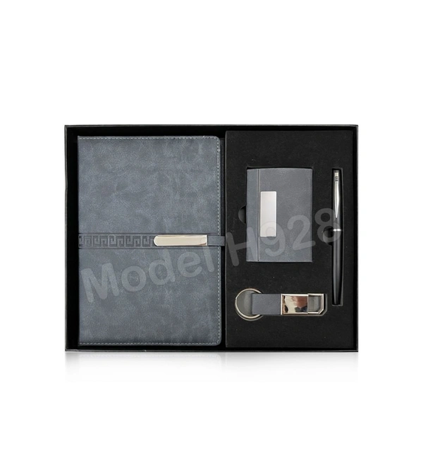 Caro 4 in 1 Giftset, PU Leather Diary, Metal Pen, Keychain, Card Holder - Gray