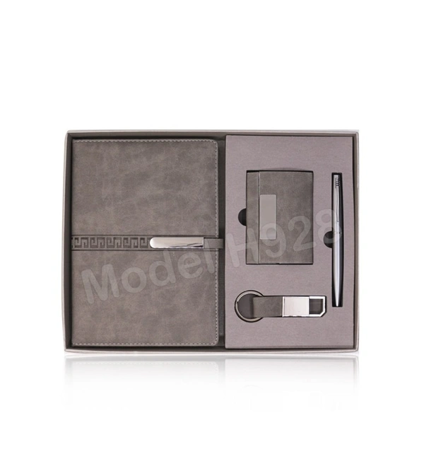Caro 4 in 1 Giftset, PU Leather Diary, Metal Pen, Keychain, Card Holder - Gray