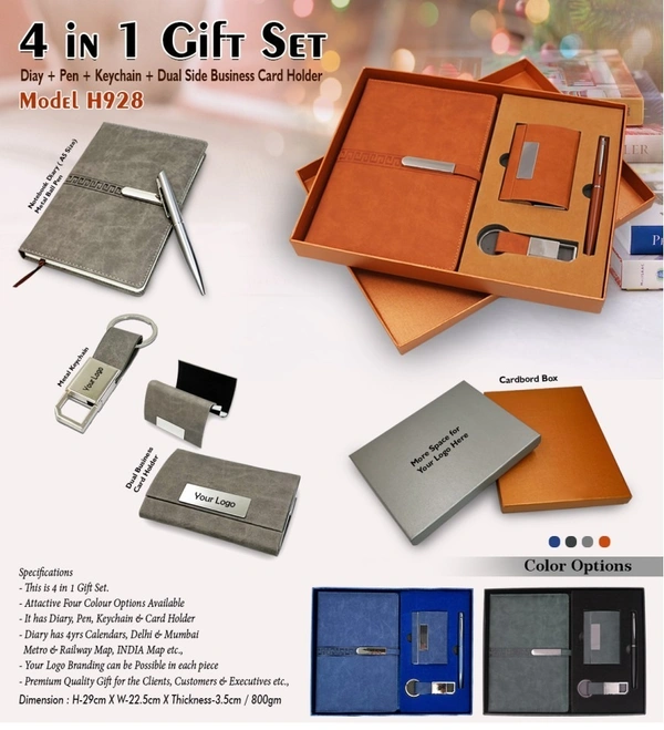 Caro 4 in 1 Giftset, PU Leather Diary, Metal Pen, Keychain, Card Holder - Gray