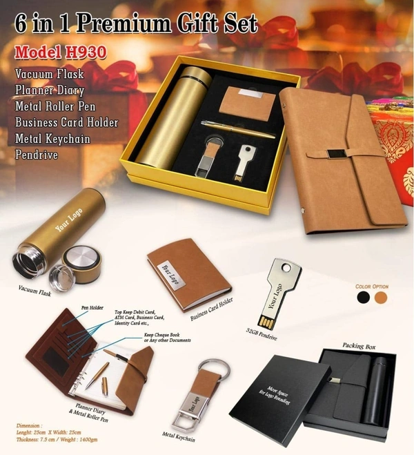 Caro 6 in 1 Gift set - Planner, Flask, 32GB Pendrive, Card Holder, Pen and Keychain - Black