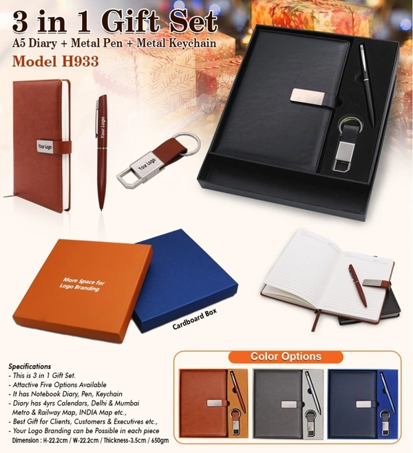Caro Notebook diary ,keychain, and pen 3 in1 combo gift set - Black
