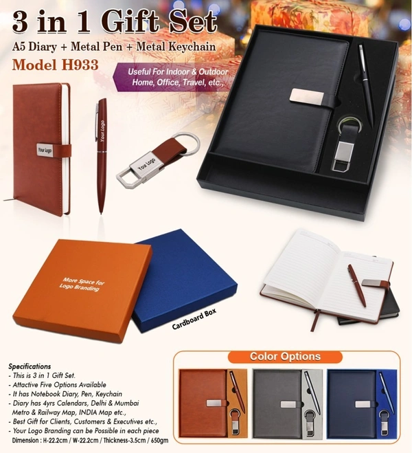 Caro 3 in 1 Giftset A5 PU Leather Diary & Metal Ball Pen & Keychain - A5, Gray