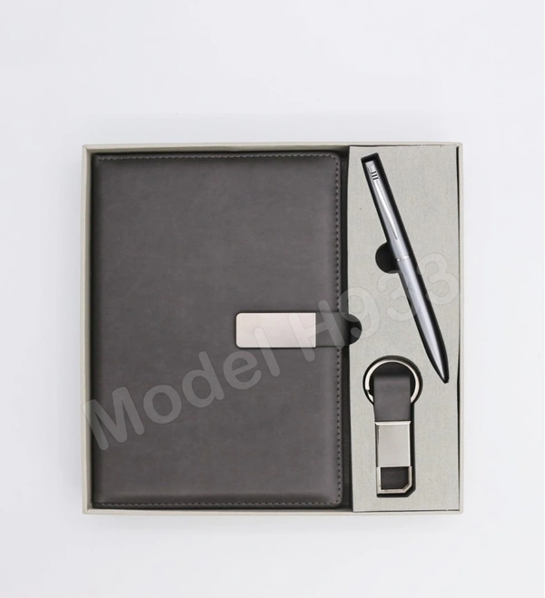 Caro 3 in 1 Giftset A5 PU Leather Diary & Metal Ball Pen & Keychain - A5, Gray