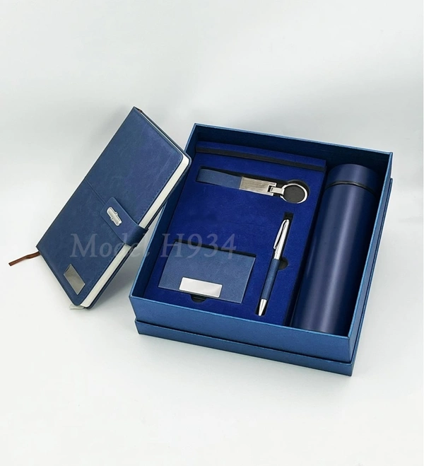 Caro 5 in 1 Premium Giftset Flask Bottle, PU Leather Diary, Metal Ball Pen, Card Holder and Keychain - Gray
