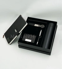 Caro 5 in 1 Premium Giftset Flask Bottle, PU Leather Diary, Metal Ball Pen, Card Holder and Keychain - Gray