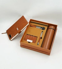 Caro 5 in 1 Premium Giftset Flask Bottle, PU Leather Diary, Metal Ball Pen, Card Holder and Keychain - Gray