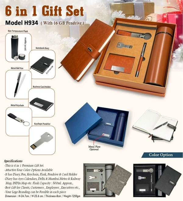 Caro 6 in 1 Premium Giftset Flask Bottle, PU Leather Diary, Metal Ball Pen, Card Holder, Keychain and Pendrive  - 16GB, Brown