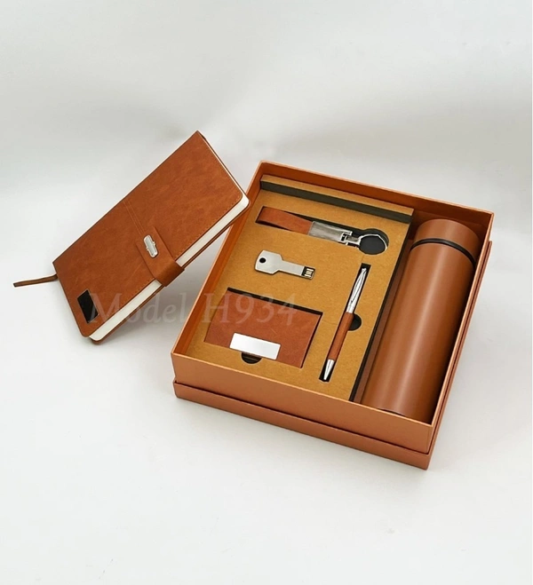 Caro 6 in 1 Premium Giftset Flask Bottle, PU Leather Diary, Metal Ball Pen, Card Holder, Keychain and Pendrive  - 16GB, Brown