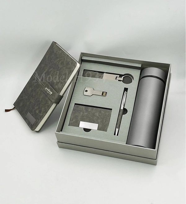 Caro 6 in 1 Premium Giftset Flask Bottle, PU Leather Diary, Metal Ball Pen, Card Holder, Keychain and Pendrive  - 16GB, Brown