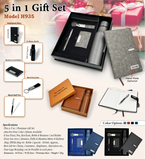 Caro 5 in 1 Premium Giftset Steel Water Bottle, PU Leather Diary, Metal Ball Pen, Card Holder and Keychain - Blue
