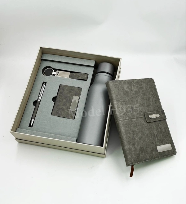 Caro 5 in 1 Premium Giftset Steel Water Bottle, PU Leather Diary, Metal Ball Pen, Card Holder and Keychain - Blue