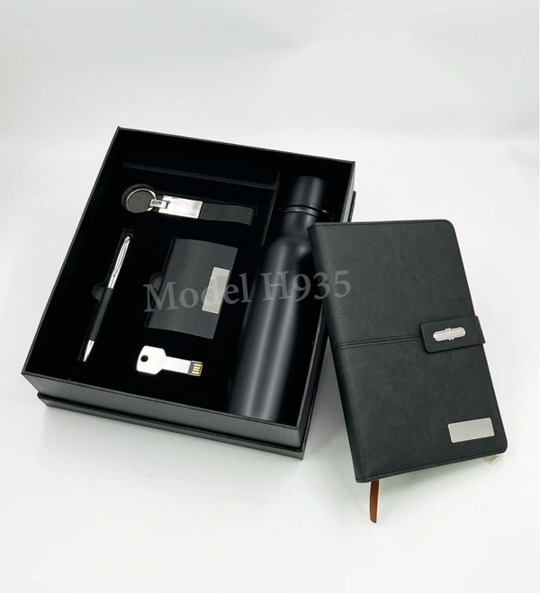 Caro 6 in 1 Premium Giftset Steel Water Bottle, PU Leather Diary, Metal Ball Pen, Card Holder, Keychain and Pendrive - 32GB, Gray
