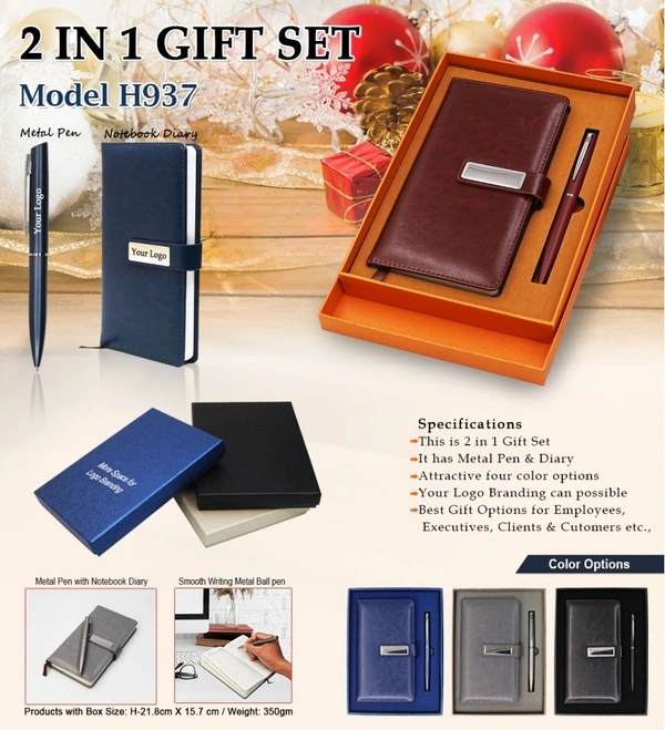 Caro 2 in 1 PU Leather Diary with Metal Pen Giftset - Brown