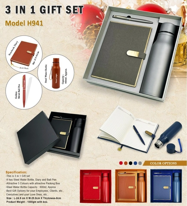 Caro 3 in 1 Giftset - A5 Diary, Steel Bottle and Metal Ball Pen - A5 - 750ml, Blue