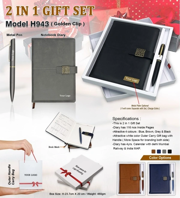 Caro 2 in 1 PU leather Notebook Diary with Metal Pen Giftset - A5, Gray