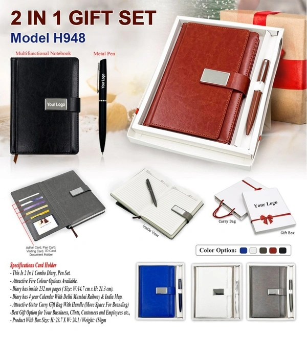 Caro 2 in 1 PU leather Multifunctional Notebook Diary with Metal Pen Giftset - A5, Black
