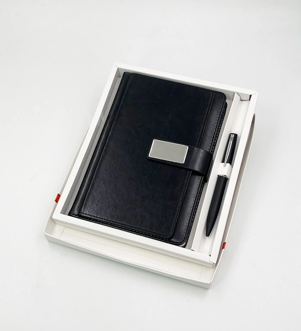 Caro 2 in 1 PU leather Multifunctional Notebook Diary with Metal Pen Giftset - A5, Black