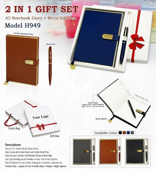 Caro 2 in 1 Leather Diary with Bookmark and Metal Pen Gift Set - A5, Gray