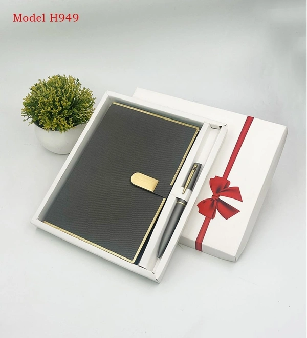 Caro 2 in 1 Leather Diary with Bookmark and Metal Pen Gift Set - A5, Gray