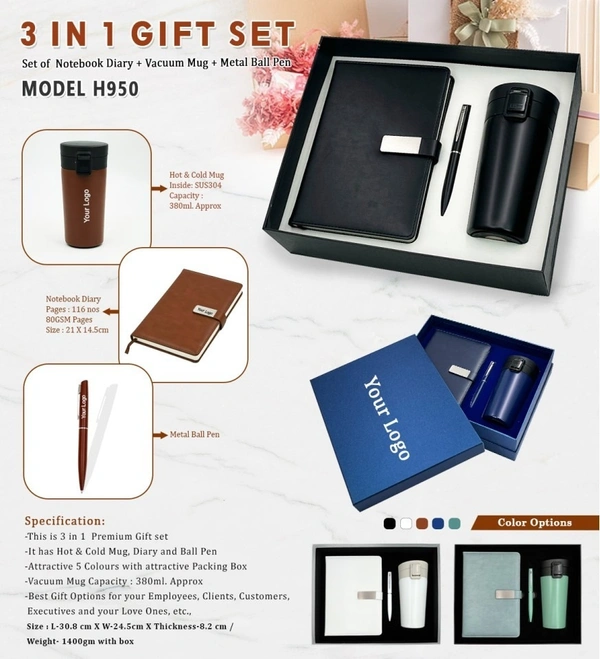 Caro 3 in 1 Gift Set - Diary, Vacuum Mug and Metal Pen - A5 - 380ml, White