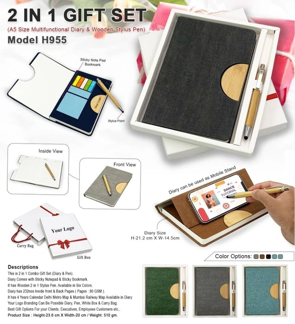 Caro 2 in 1 Multifunctional Notebook Diary with Wooden Pen Giftset  - A5, Gray