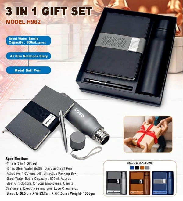 Caro 3 in 1 Premium Giftset – A5 PU Leather Diary, Metal Ball Pen & Stainless Steel Water Bottle - A5 - 750ml, Gray