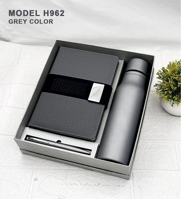 Caro 3 in 1 Premium Giftset – A5 PU Leather Diary, Metal Ball Pen & Stainless Steel Water Bottle - A5 - 750ml, Gray