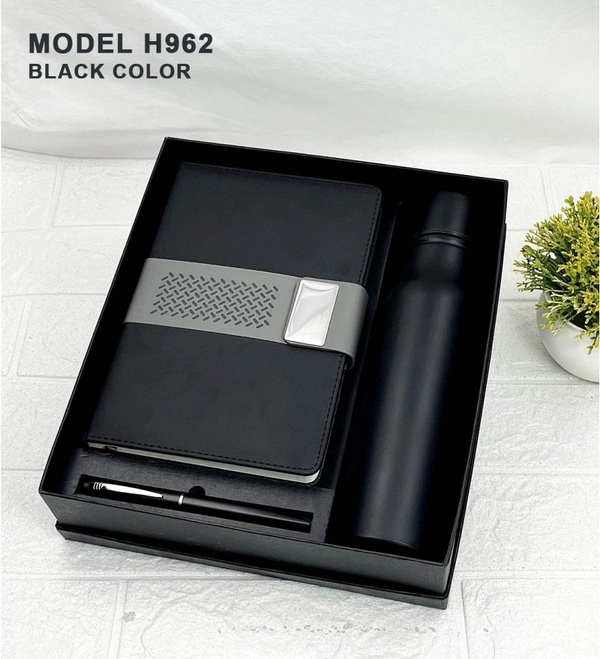 Caro 3 in 1 Premium Giftset – A5 PU Leather Diary, Metal Ball Pen & Stainless Steel Water Bottle - A5 - 750ml, Gray