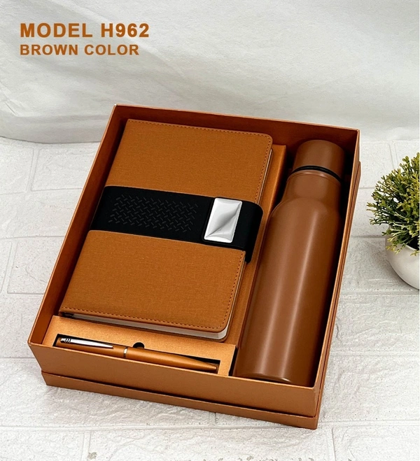 Caro 3 in 1 Premium Giftset – A5 PU Leather Diary, Metal Ball Pen & Stainless Steel Water Bottle - A5 - 750ml, Gray