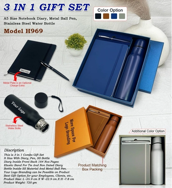Caro 3 in 1 Premium Gift Set – A5 PU Leather Diary, Metal Ball Pen & Stainless Steel Water Bottle - A5 - 750ml, Black