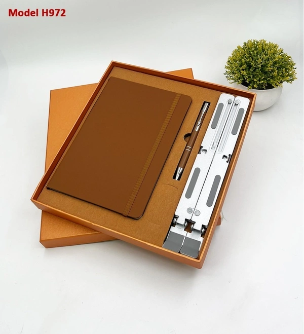 Caro 3 in 1 Premium Gift Set – PU Leather Diary, Metal Ball Pen & Laptop Stand - Brown