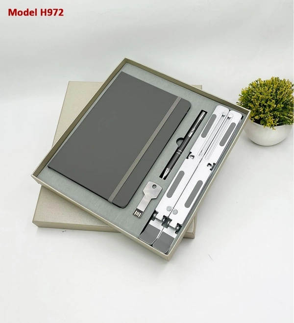 Caro 4 in 1 Premium Giftset PU Leather Diary, Metal Ball Pen, Laptop Stand and Metal Pen-drive - 32GB, Gray