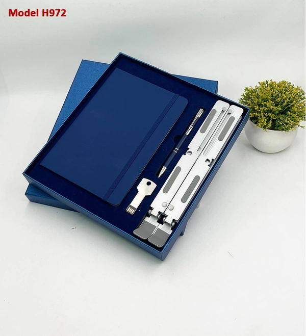 Caro 4 in 1 Premium Giftset PU Leather Diary, Metal Ball Pen, Laptop Stand and Metal Pen-drive - 32GB, Gray
