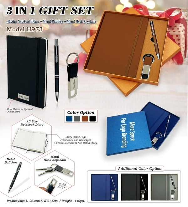 Caro 3 in 1 Giftset PU Leather Diary, Metal Ball Pen, Metal Hook Keychain - A5, Gray